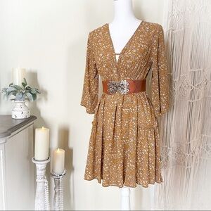 Boho Mustard Floral Print Midi Dress